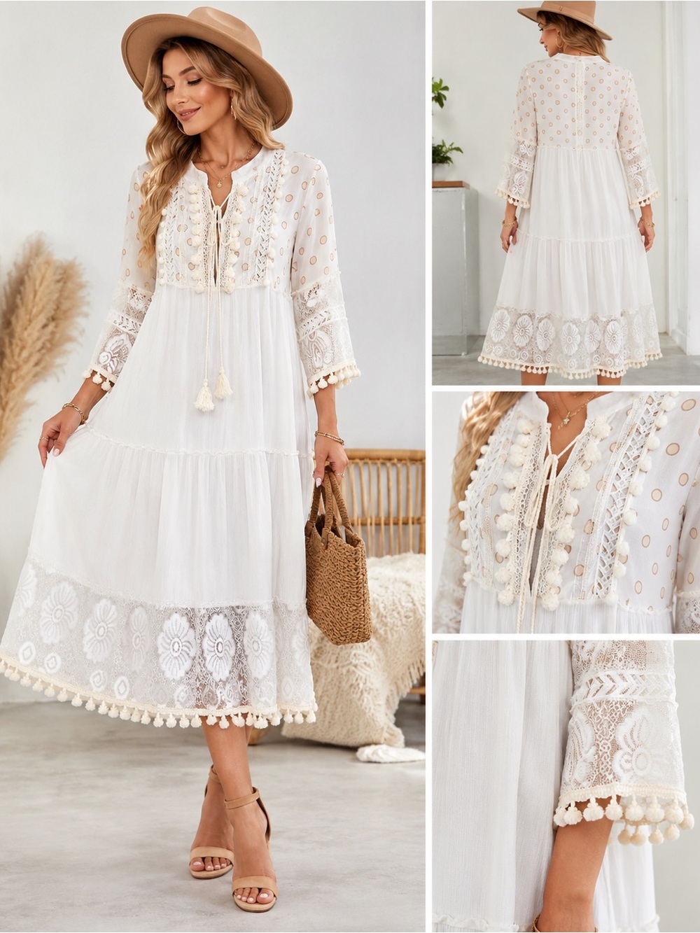 White Long Tiered Boho Dress Lace Polka Dots Romantic Cottagecore Size Small - Picture 2 of 14